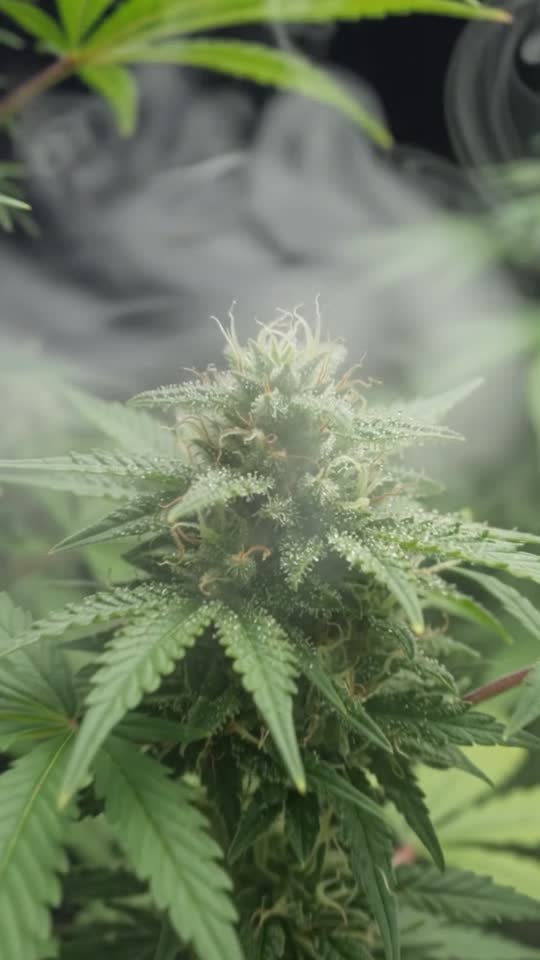 Weibliche Cannabis-Blüte mit Trichomen in Nahaufnahme